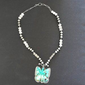 Vintage Zuni Native American Silver and Turquoise Butterfly Necklace.